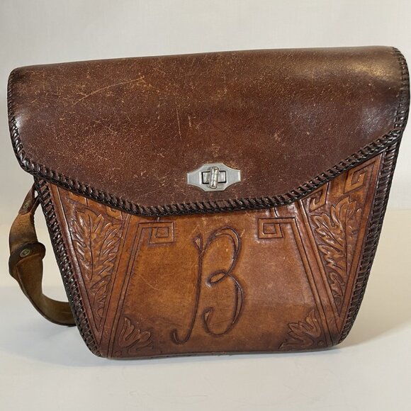 Handbags - Vintage Tooled Leather Crossbody Bag Brown Boho Floral Embossed Flap Turn Lock